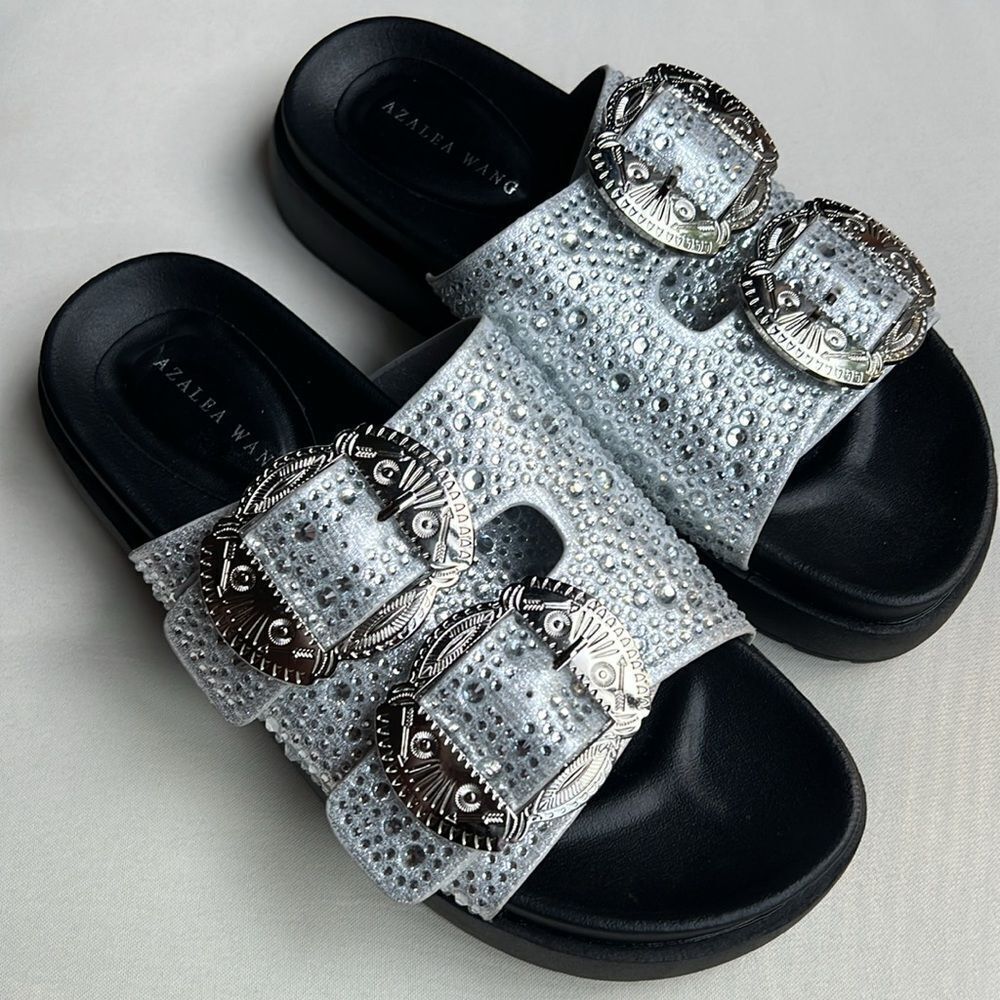 Azalea Wang Lynel embellished sandal with western buckle in silver